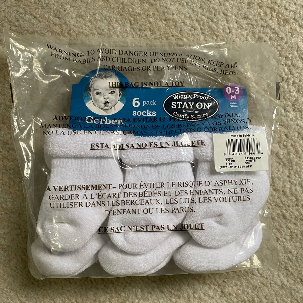 Gerber, 0-3M, White Socks- Wiggle Proof/ Stay On